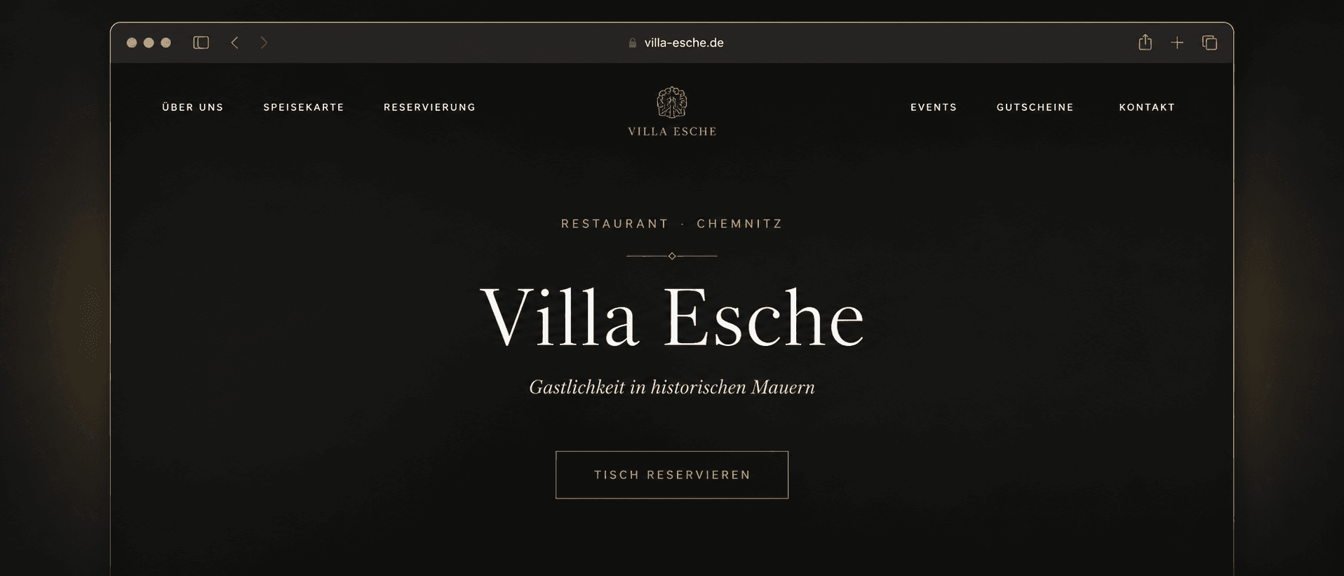 Premium website design for Villa Esche restaurant with a dark elegant layout and reservation CTA